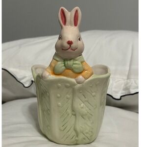 Bloomrite Bunny Rabbit Cabbage Planter Easter Decor Green White 6.5in 
 Glazed